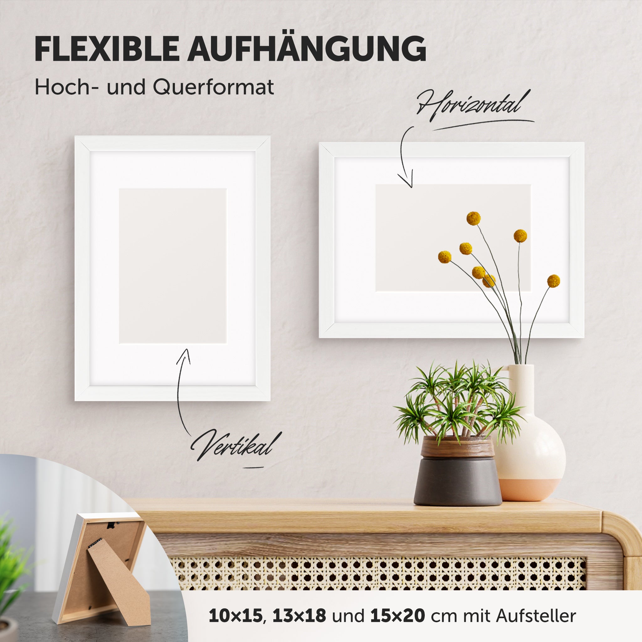 DÖRR Echtholz-Bilderrahmen Woody weiß, horizontal und vertikal als Wandrahmen im Wohnbereich dekoriert, mit Aufsteller bei kleineren Größen