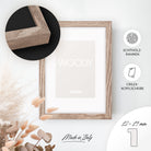 DÖRR Echtholz-Bilderrahmen Woody braun, dekorativ an der Wand aufgehängt, mit Detailansicht der 12 x 19 mm schmalen Leiste