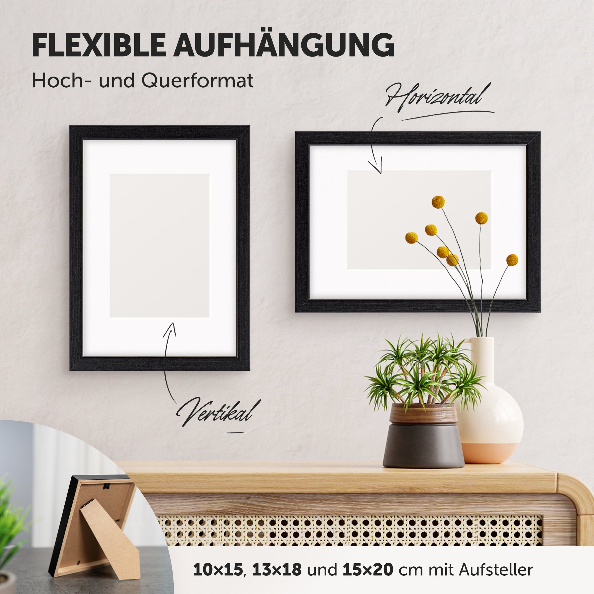 DÖRR Echtholz-Bilderrahmen Woody schwarz, horizontal und vertikal als Wandrahmen im Wohnbereich dekoriert, mit Aufsteller bei kleineren Größen