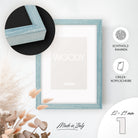 DÖRR Echtholz-Bilderrahmen Woody hellblau, dekorativ an der Wand aufgehängt, mit Detailansicht der 12 x 19 mm schmalen Leiste