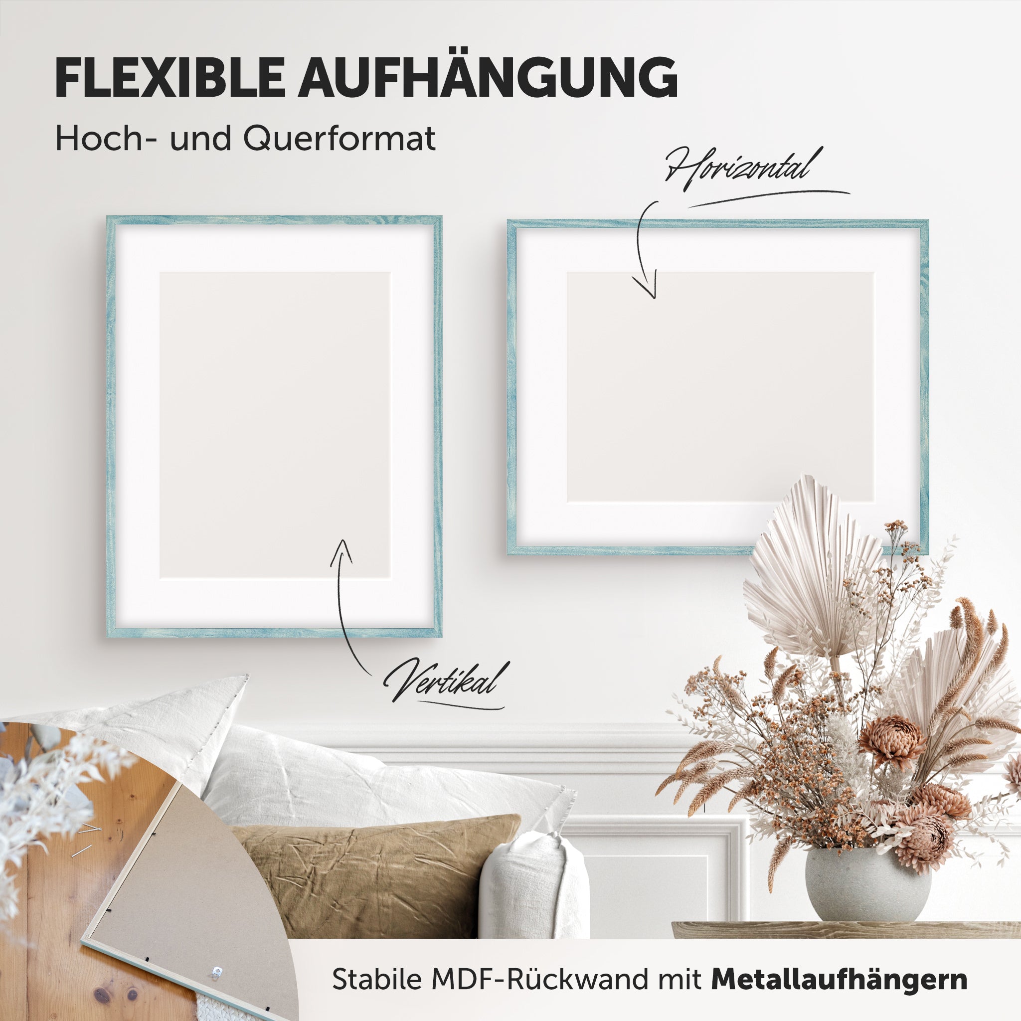 DÖRR Echtholz-Bilderrahmen Woody hellblau, horizontal und vertikal als Wandrahmen im Wohnbereich dekoriert, Rückseite mit Aufhängern