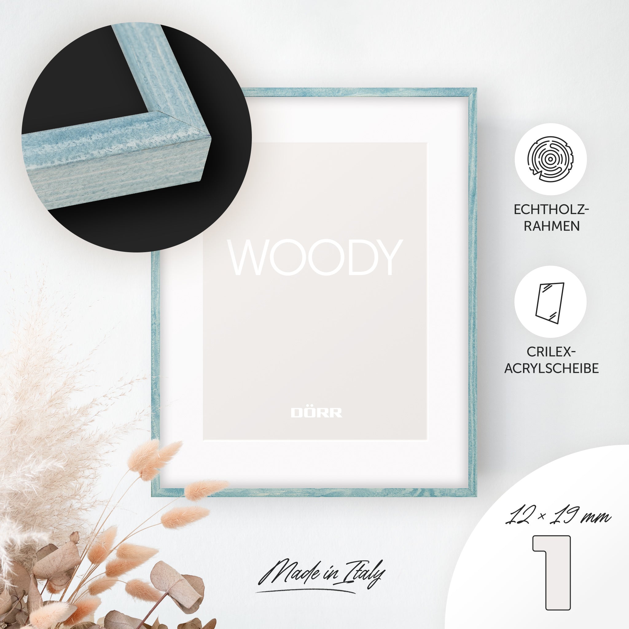 DÖRR Echtholz-Bilderrahmen Woody hellblau, dekorativ an der Wand aufgehängt, mit Detailansicht der 12 x 19 mm schmalen Leiste