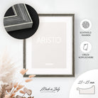 DÖRR Echtholz-Bilderrahmen Aristo grau, dekorativ an der Wand aufgehängt, mit Detailansicht der 25 x 15 mm Leiste mit Goldkanten