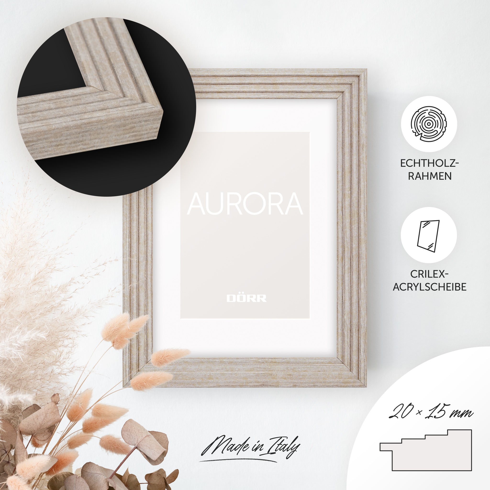 DÖRR Echtholz-Bilderrahmen Aurora beige, dekorativ an der Wand aufgehängt, mit Detailansicht der 20 x 15 mm Leiste in Stufenoptik