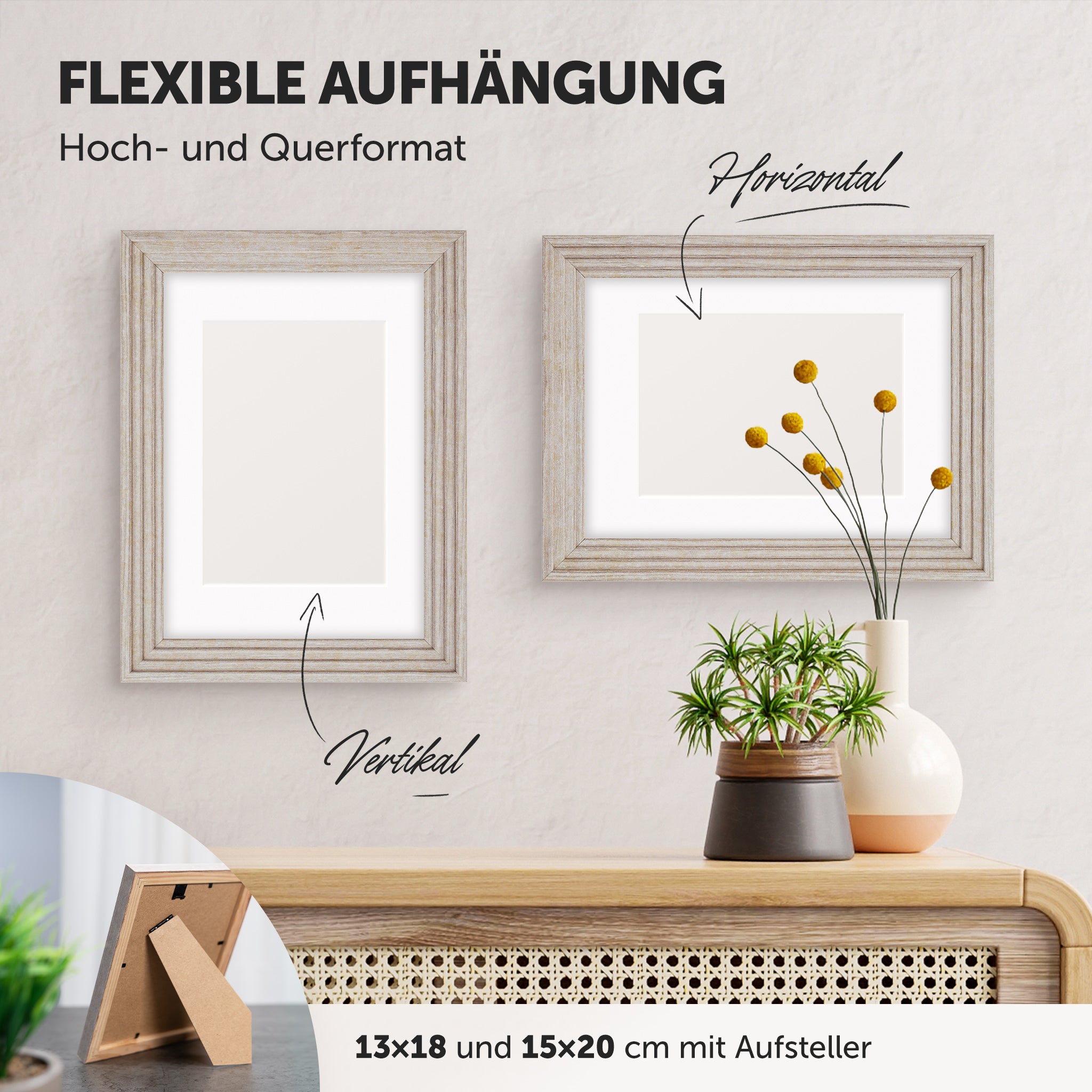 DÖRR Echtholz-Bilderrahmen Aurora beige, horizontal und vertikal als Wandrahmen im Wohnbereich dekoriert, mit Aufsteller bei kleineren Größen