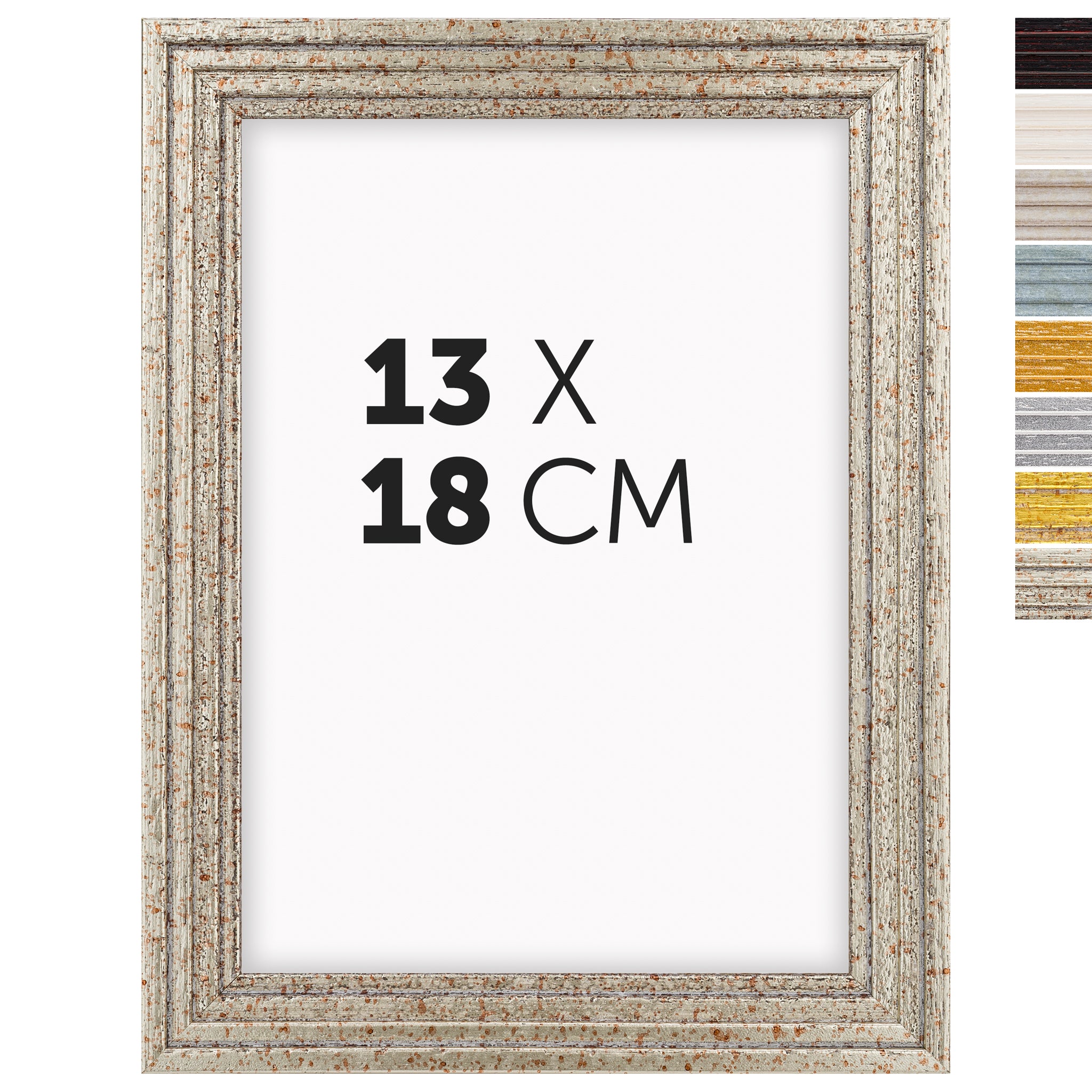 DÖRR Echtholz-Bilderrahmen Aurora in Antik-Silber 13 x 18 cm mit Stufenprofil, mit Darstellung der 8 Farbvarianten