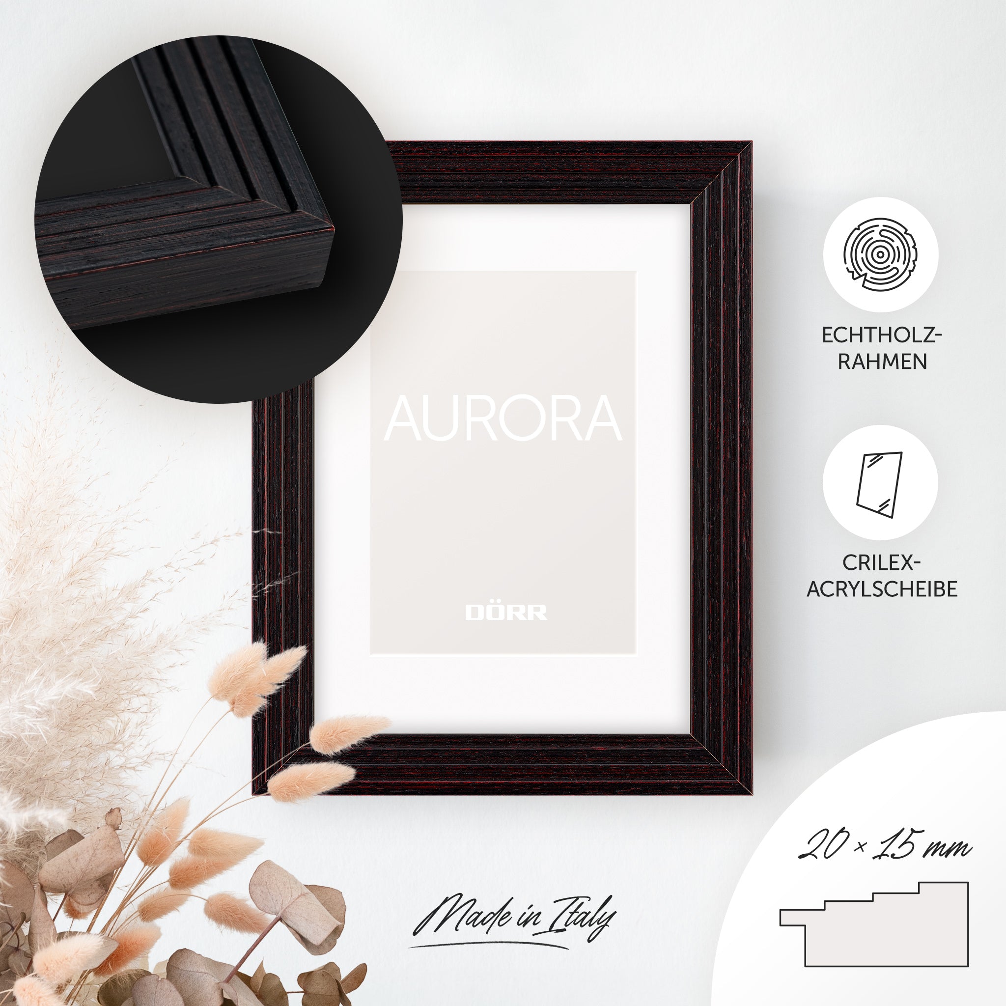DÖRR Echtholz-Bilderrahmen Aurora schwarz, dekorativ an der Wand aufgehängt, mit Detailansicht der 20 x 15 mm Leiste in Stufenoptik