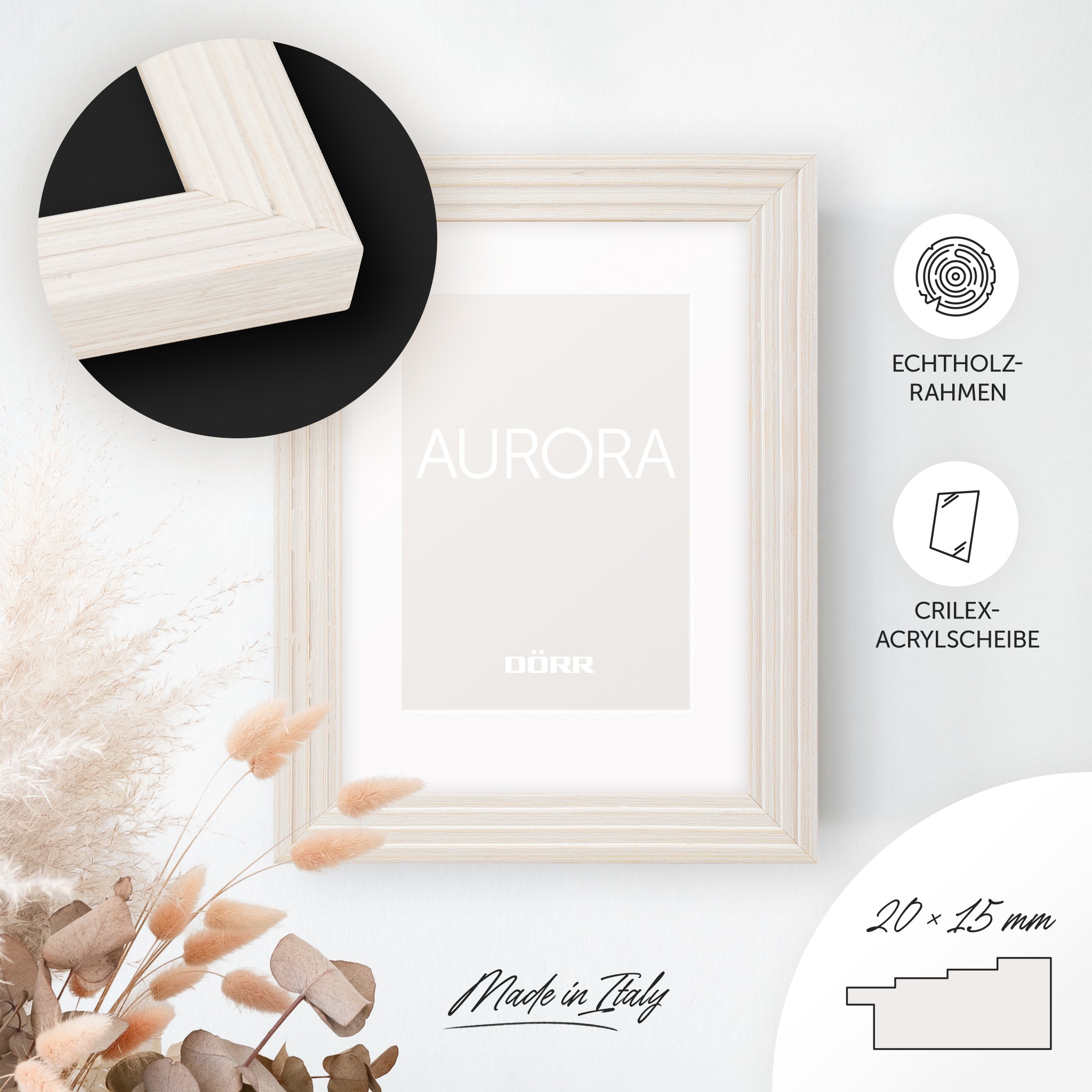 DÖRR Echtholz-Bilderrahmen Aurora weiß, dekorativ an der Wand aufgehängt, mit Detailansicht der 20 x 15 mm Leiste in Stufenoptik