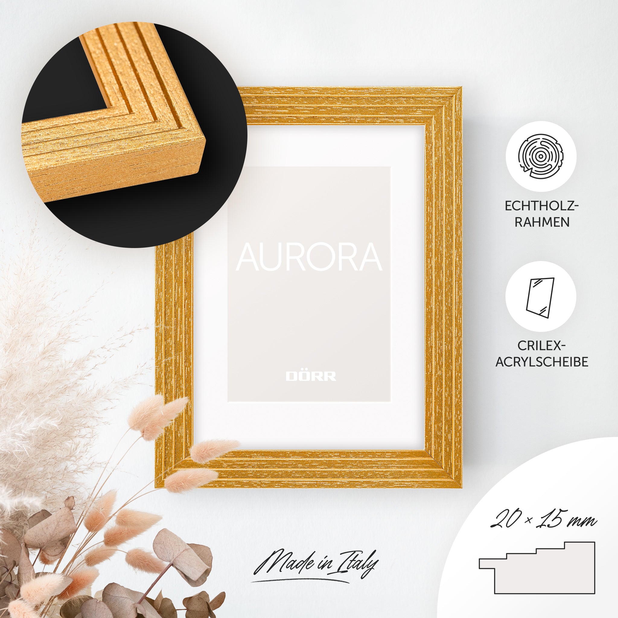 DÖRR Echtholz-Bilderrahmen Aurora gold, dekorativ an der Wand aufgehängt, mit Detailansicht der 20 x 15 mm Leiste in Stufenoptik