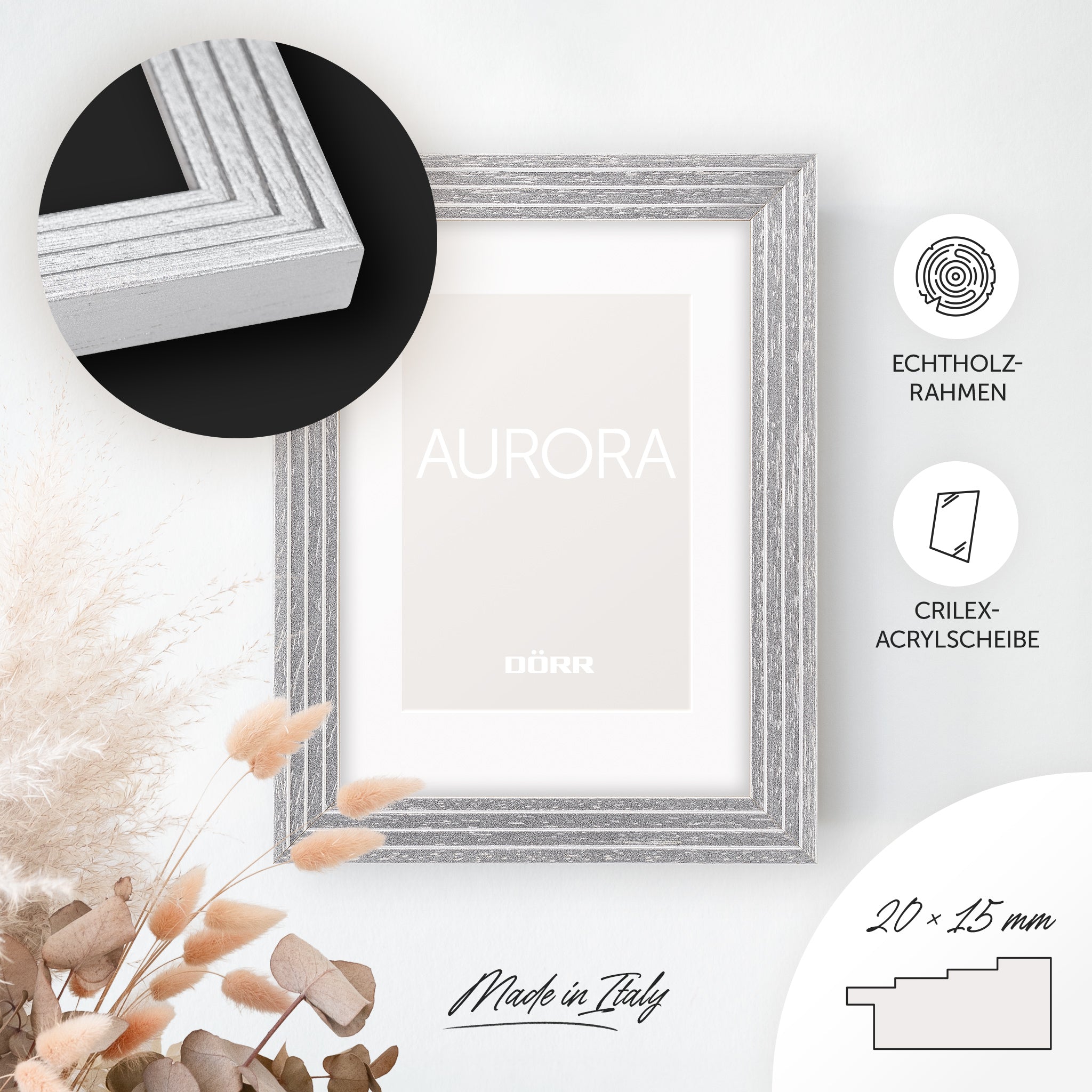 DÖRR Echtholz-Bilderrahmen Aurora silber, dekorativ an der Wand aufgehängt, mit Detailansicht der 20 x 15 mm Leiste in Stufenoptik