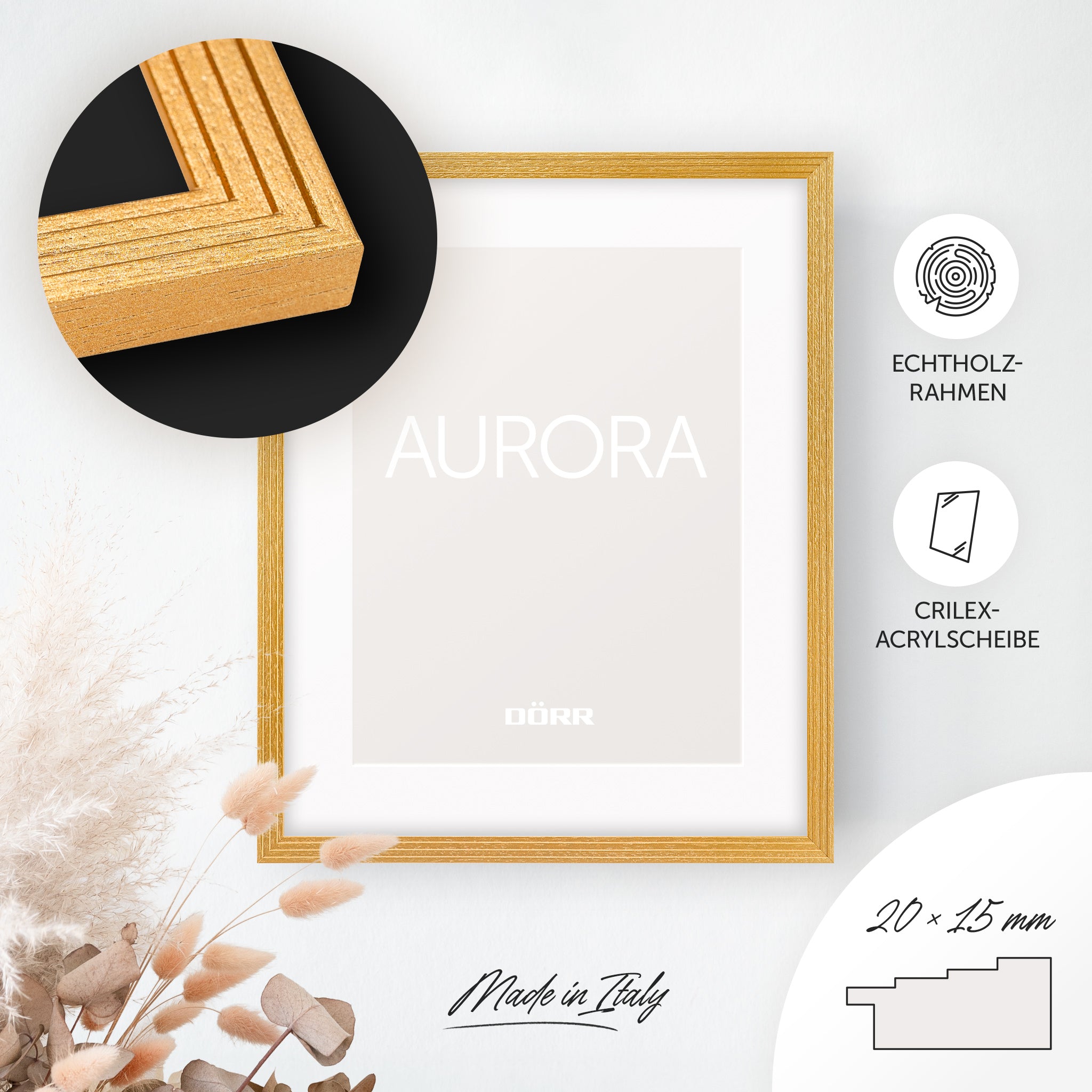 DÖRR Echtholz-Bilderrahmen Aurora gold, dekorativ an der Wand aufgehängt, mit Detailansicht der 20 x 15 mm Leiste in Stufenoptik