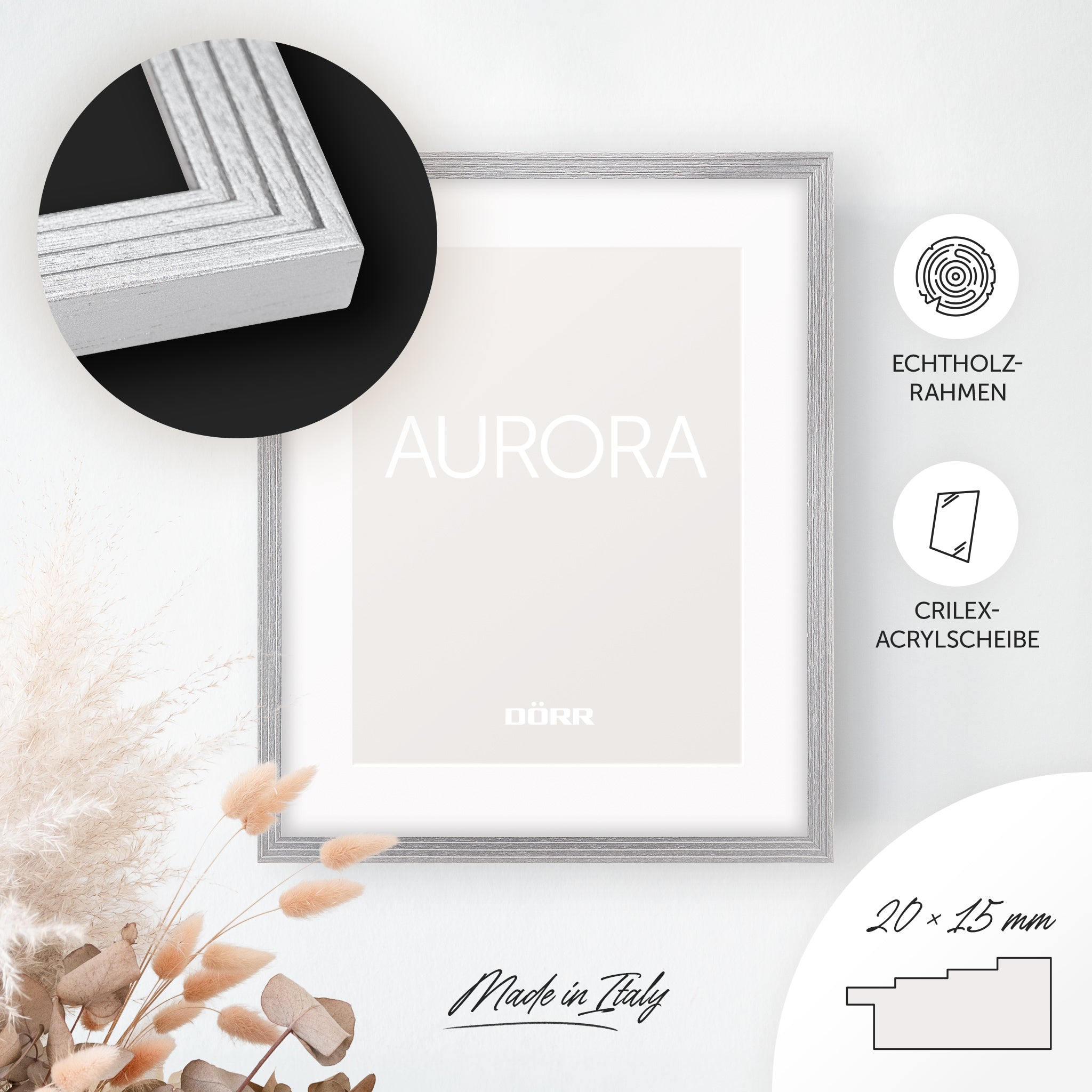 DÖRR Echtholz-Bilderrahmen Aurora silber, dekorativ an der Wand aufgehängt, mit Detailansicht der 20 x 15 mm Leiste in Stufenoptik
