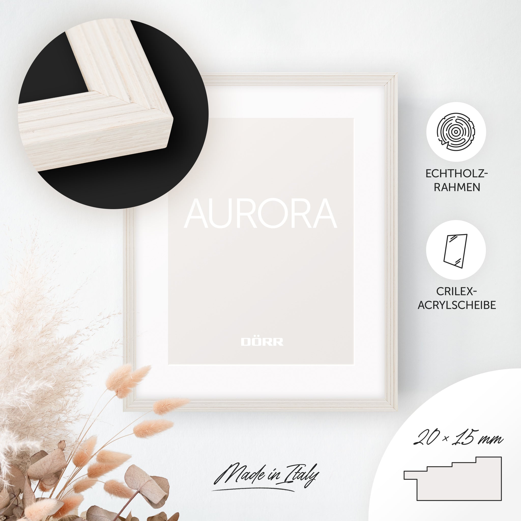 DÖRR Echtholz-Bilderrahmen Aurora weiß, dekorativ an der Wand aufgehängt, mit Detailansicht der 20 x 15 mm Leiste in Stufenoptik
