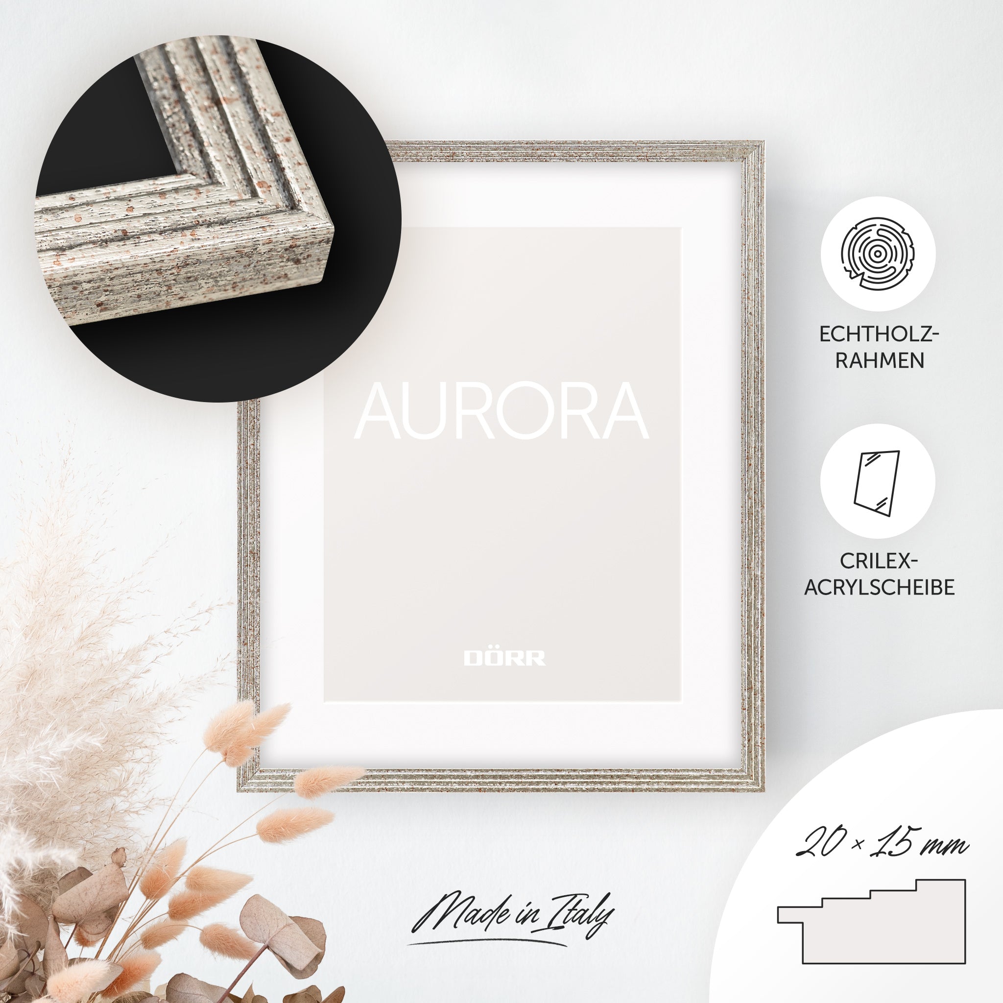 DÖRR Echtholz-Bilderrahmen Aurora antik-silber, dekorativ an der Wand aufgehängt, mit Detailansicht der 20 x 15 mm Leiste in Stufenoptik