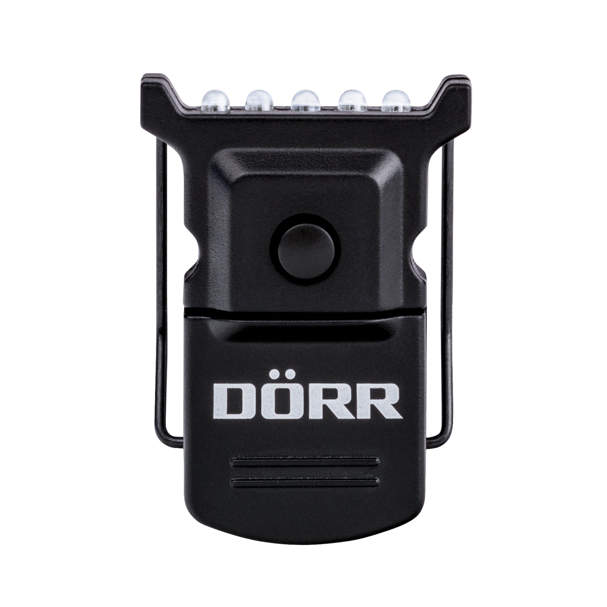 DÖRR Micro LED Clip-Leuchte in Schwarz, Frontansicht der Mini-Leuchte mit 5 LEDs und Clip zur Befestigung an Schildkappe, Hut oder Mütze