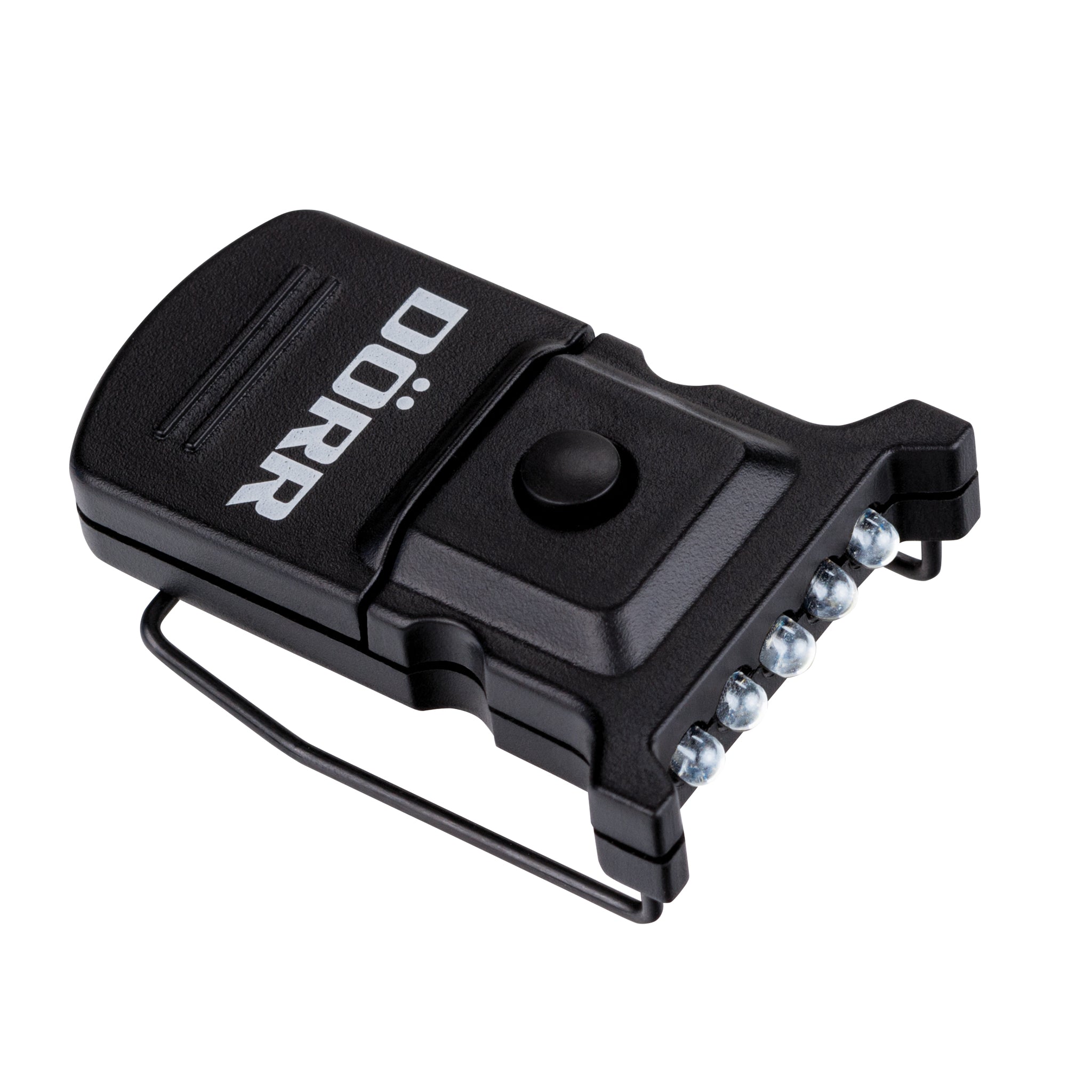 DÖRR Micro LED Clip-Leuchte in Schwarz, Schrägansicht mit 5 LEDs, Ein-/Aus-Schalter und Metallclip zur Befestigung an Schildkappe