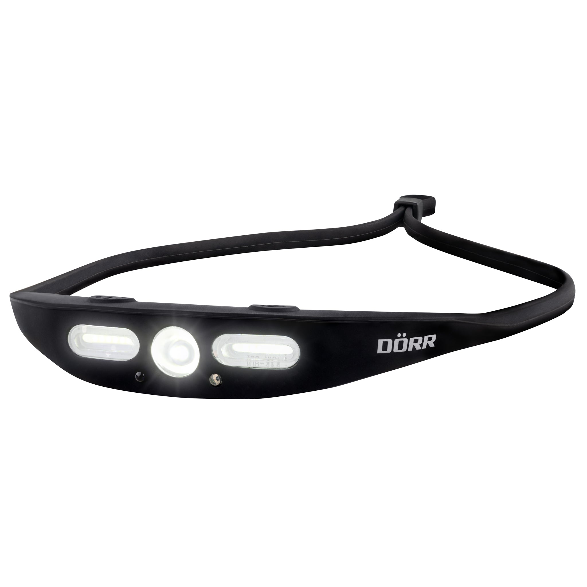 DÖRR S-Light LED Stirnlampe in Schwarz mit Frontlicht, zwei Seitenlichtern und flexiblem Kopfband.