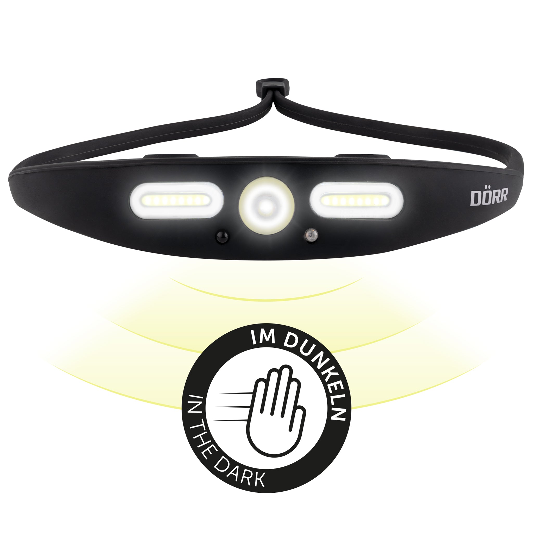 DÖRR S-Light LED Stirnlampe mit aktivem Bewegungssensor zur berührungslosen Steuerung per Handbewegung.