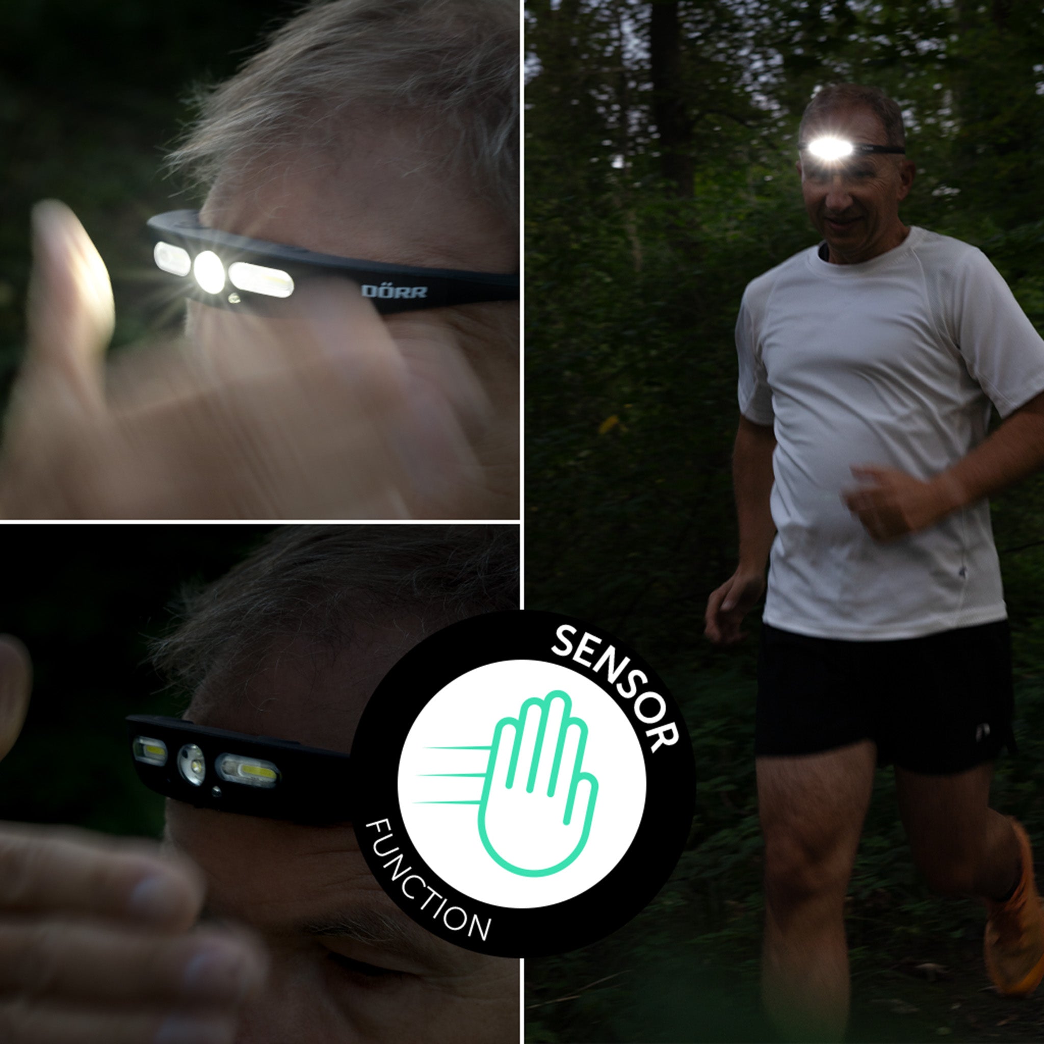 DÖRR S-Light LED Stirnlampe von einem Jogger im Wald als Kopflampe getragen mit aktiver Sensor-Steuerung.