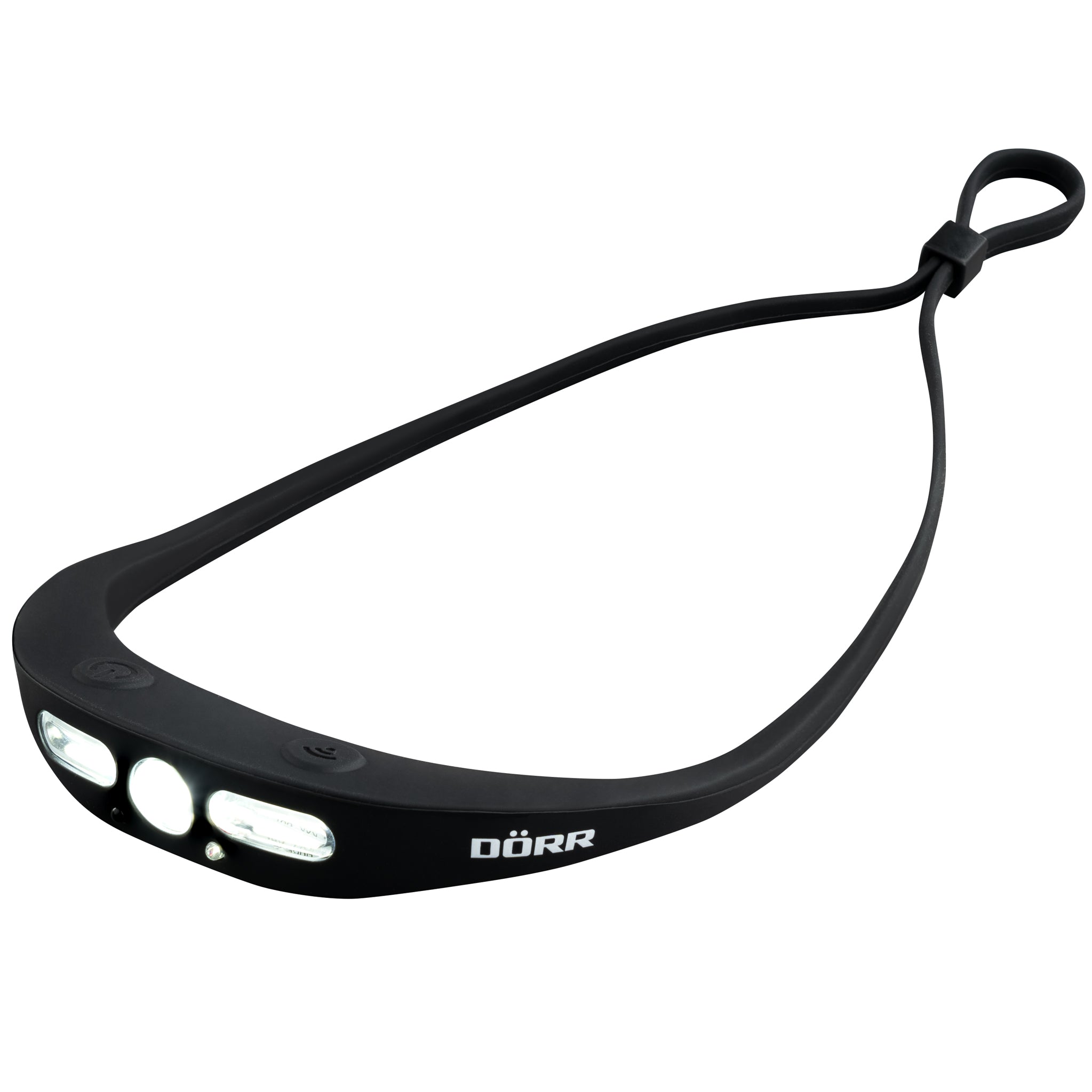 DÖRR S-Light LED Stirnlampe schwarz, Seitenansicht des schlanken Designs mit drei Frontleuchten und verstellbarem Stirnband.