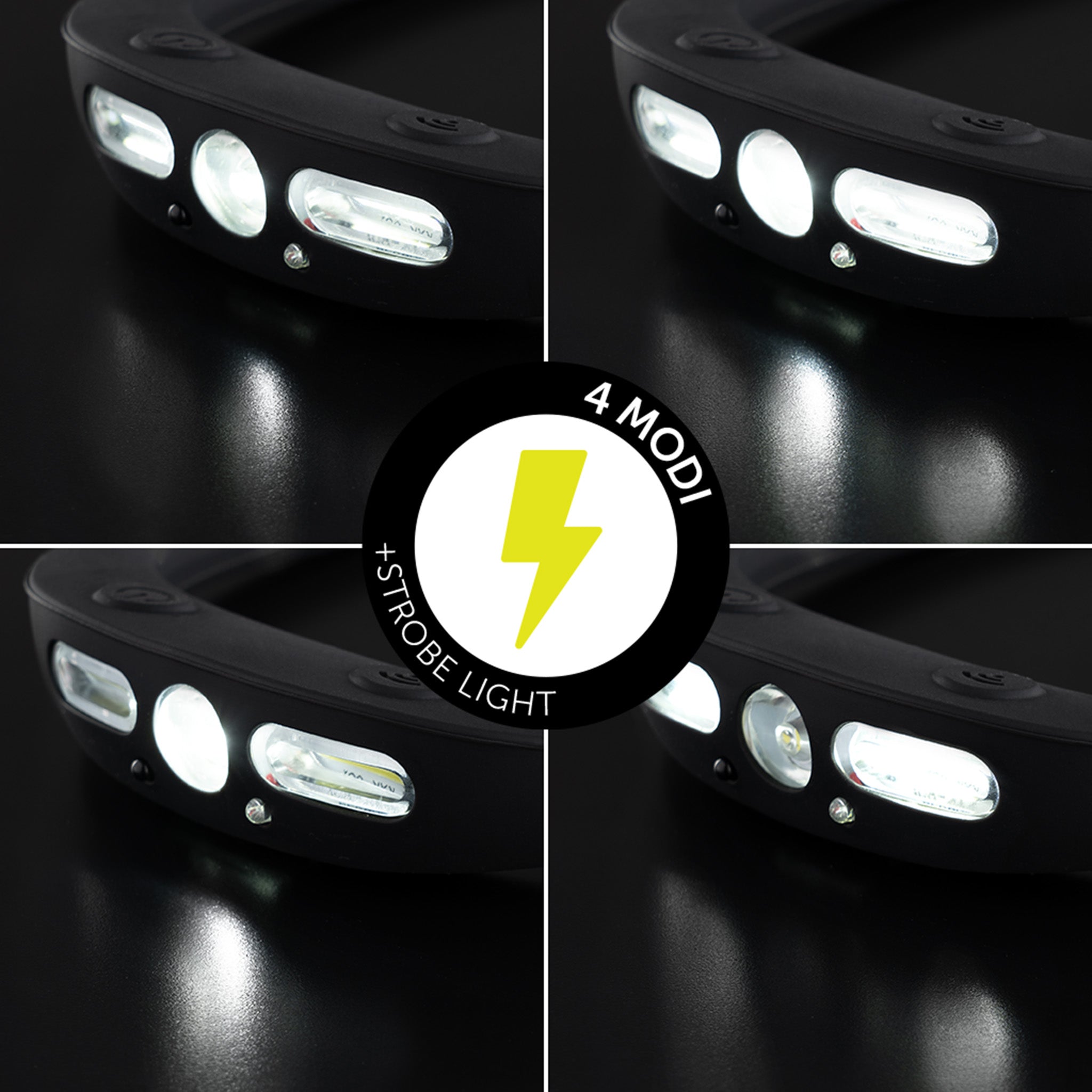 DÖRR S-Light LED Stirnlampe mit vier Lichtmodi und Stroboskop-Blinklicht, verschiedene Helligkeitsstufen im Überblick.