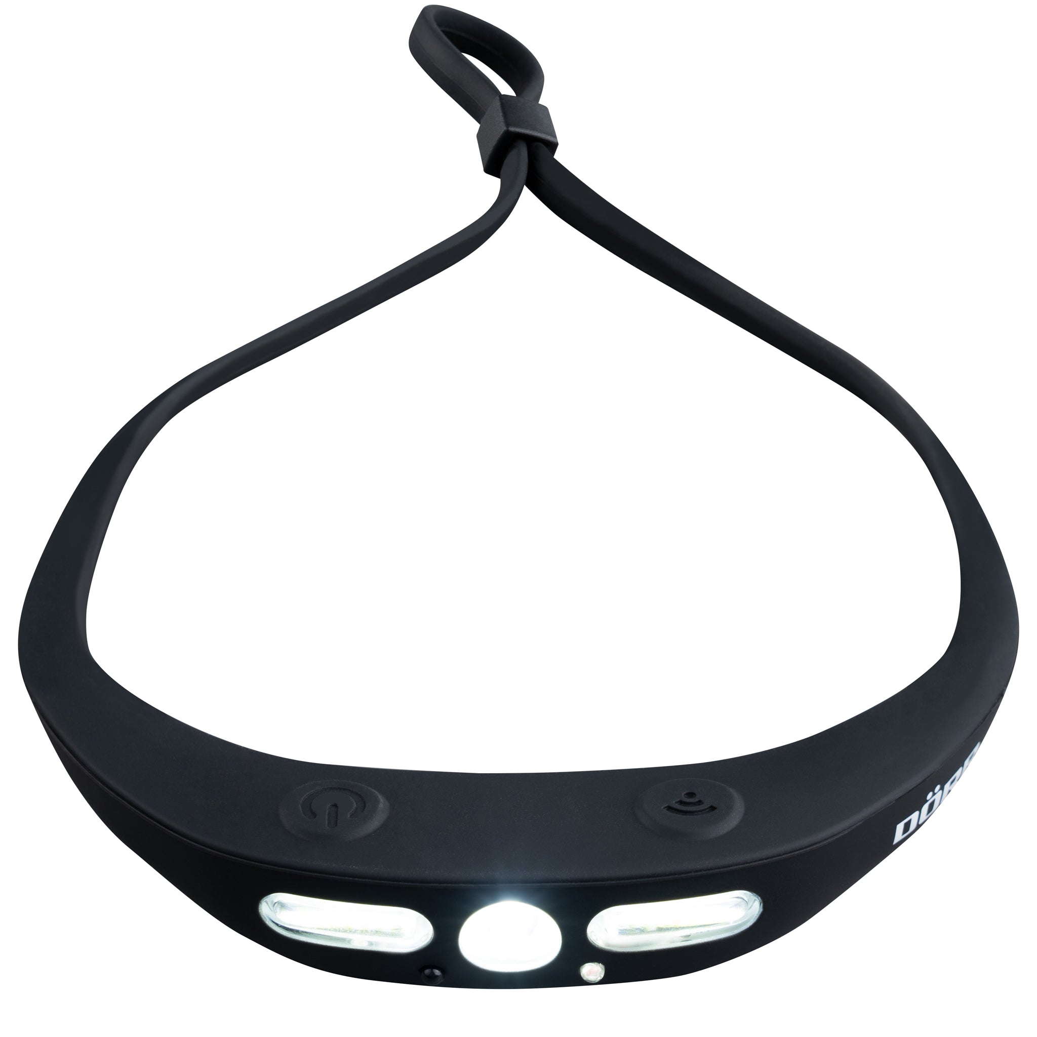 DÖRR S-Light LED Stirnlampe Draufsicht mit flexiblem Stirnband und Drucktasten zur Steuerung von Lichtmodi.